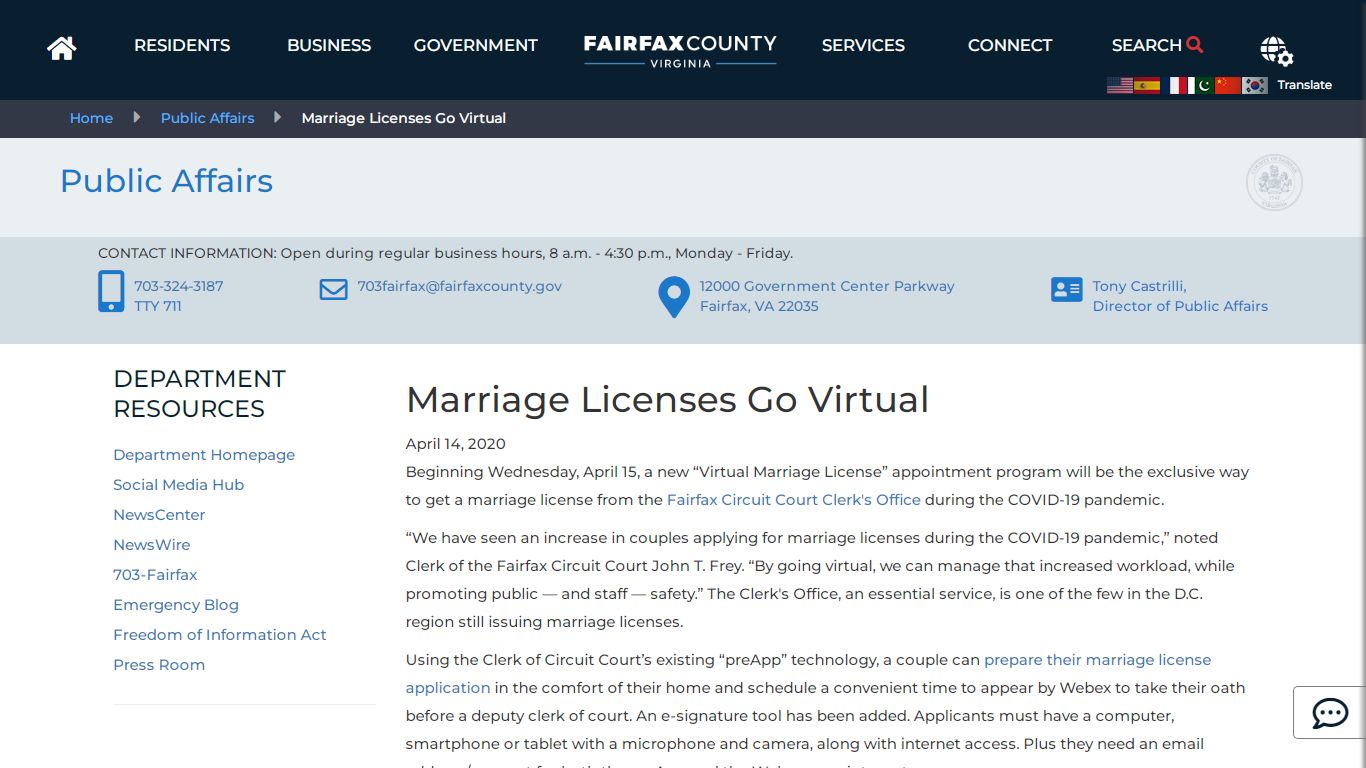 Marriage Licenses Go Virtual | Public Affairs - Fairfax County, Virginia